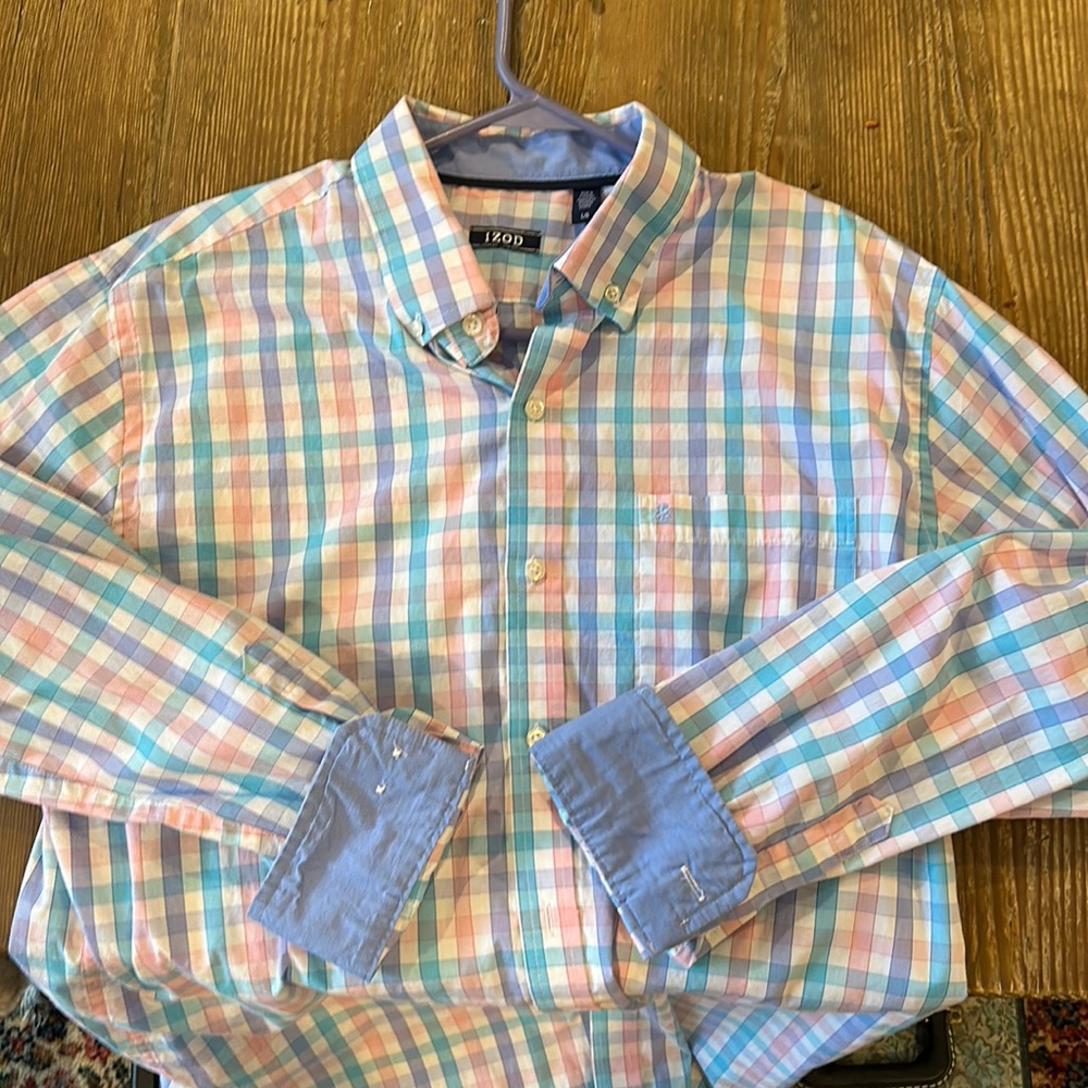 Izod Blue Pink purple Plaid Button Down Shirt spring large